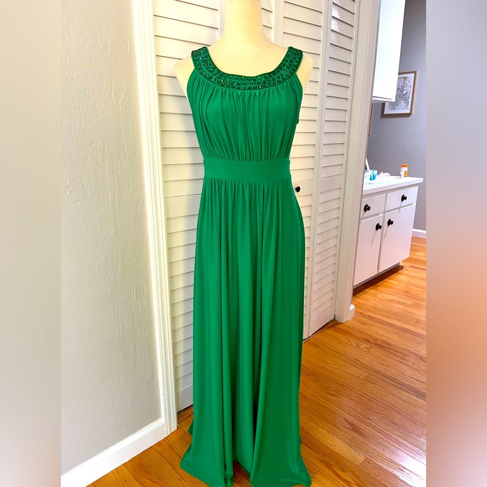 Forever Green Beaded Gown Maxi Dress (S)